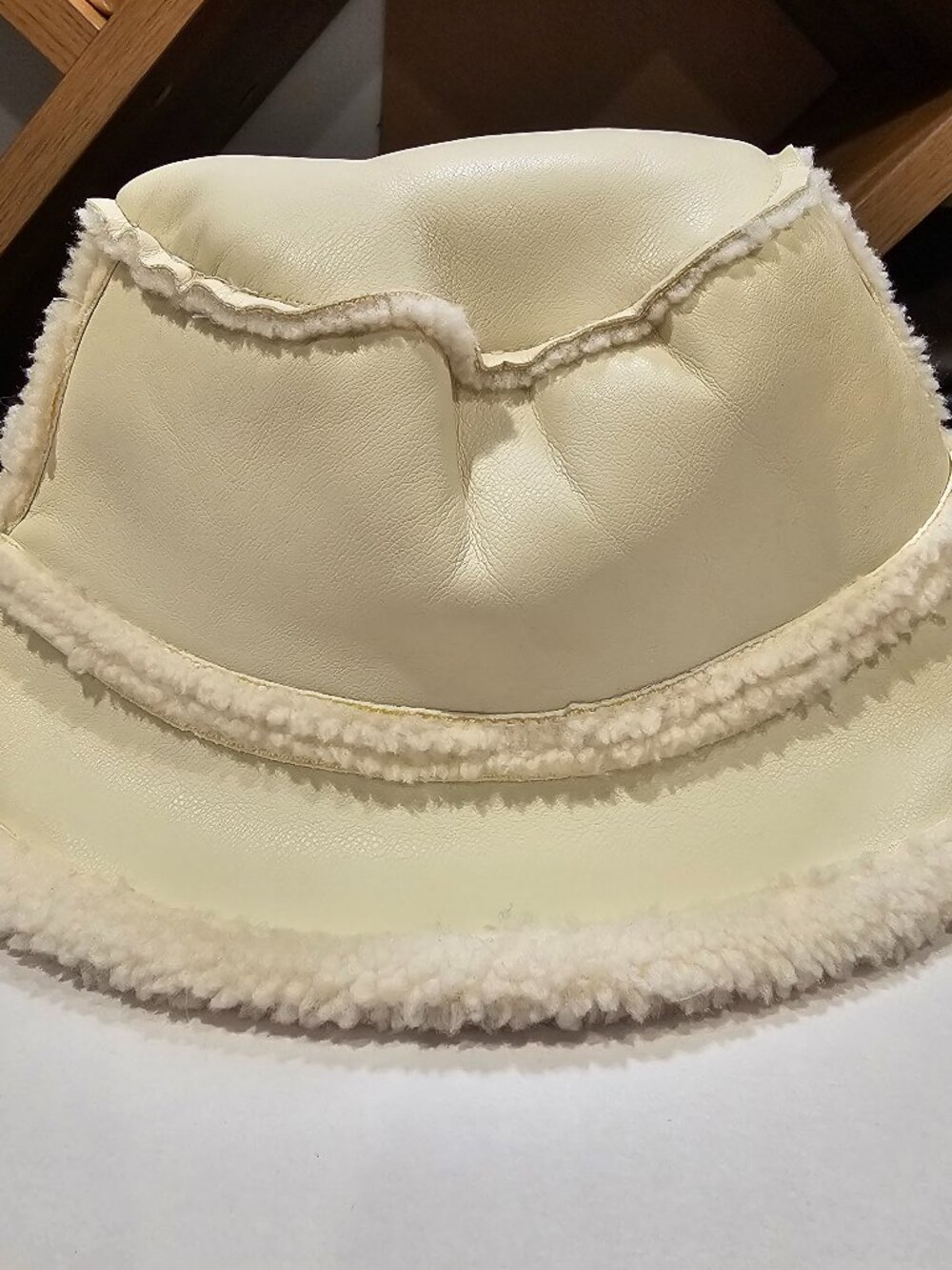 Anthropologie Sherpa Trimmed Faux Leather Bucket Hat Cream Ivory Winter NWOT